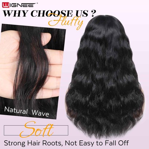 WIGNEE 4x4 Lace Human Hair Wig with Bangs Natural Wave Human Hair Wigs for White Women 16 Inch Glueless Wig With Bangs Human Hair Bang Wig 100% Brazilian Human Hair for Daily Use