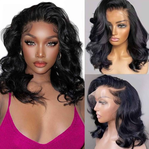 KinMos Bob Wig Human Hair 200 Density 13x6 Body Wave HD Lace Front Wigs Human Hair Glueless Lace Frontal Bob Wigs Short Bob Wigs for Black Women Pre Plucked with Baby Hair (14 inch, Bob Wig)