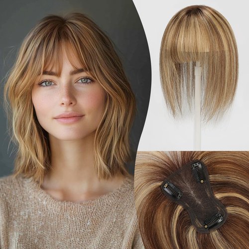 EMMOR 10 Inch Real Human Hair Topper for Women - Upgrade Swiss Lace Base with 3 Non-Slip Clips, 4.5" x 3" Clip in Bangs for Thinning Hair & Natural Hair Loss Coverage(Ombre Brown & Blonde Highlight)