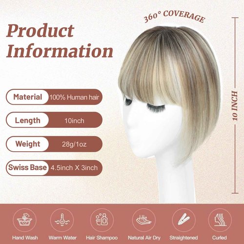Hair Toppers for Women Real Human Hair 4.5x3inch Swiss Base Hairpieces, Human Hair Toppers for Women with Bangs (Ombre Light Brown with Blond Highlight)