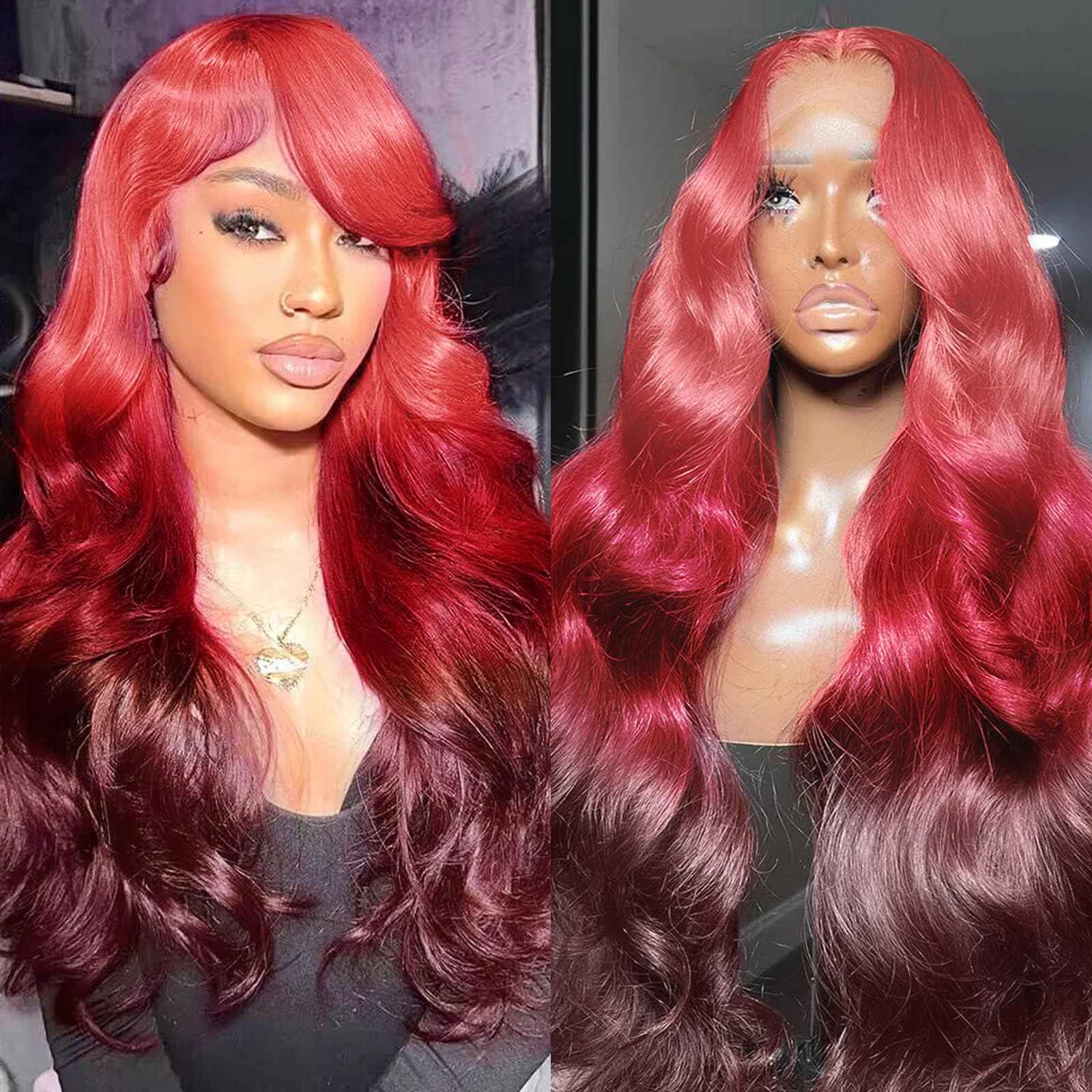 GGEDUO Ombre Rose Pink Lace Front Wigs Human Hair Body Wave Glueless Red and Dark Burgundy Ends Human Hair Wigs for Women Pre Plucked with Baby Hair 3 Tones Gradient Pink Candy Color 24 Inch