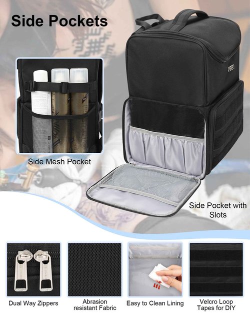 Relavel Tattoo Travel Case, Large Tattoo Bag Backpack with 3 Clear Bags for Tattoo Stencil Printer, Equipment and Supplies Travel Carring Case with Adjustable Dividers & Easy to Clean Lining, Black