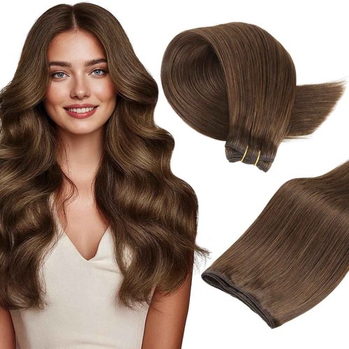 MAXITA Sew in Hair Extensions Real Human Hair, 20 inch 100g Chocolate Brown Remy Straight Human Hair Weft Extensions, Full Hair Double Weft Soft Sew in Extensions