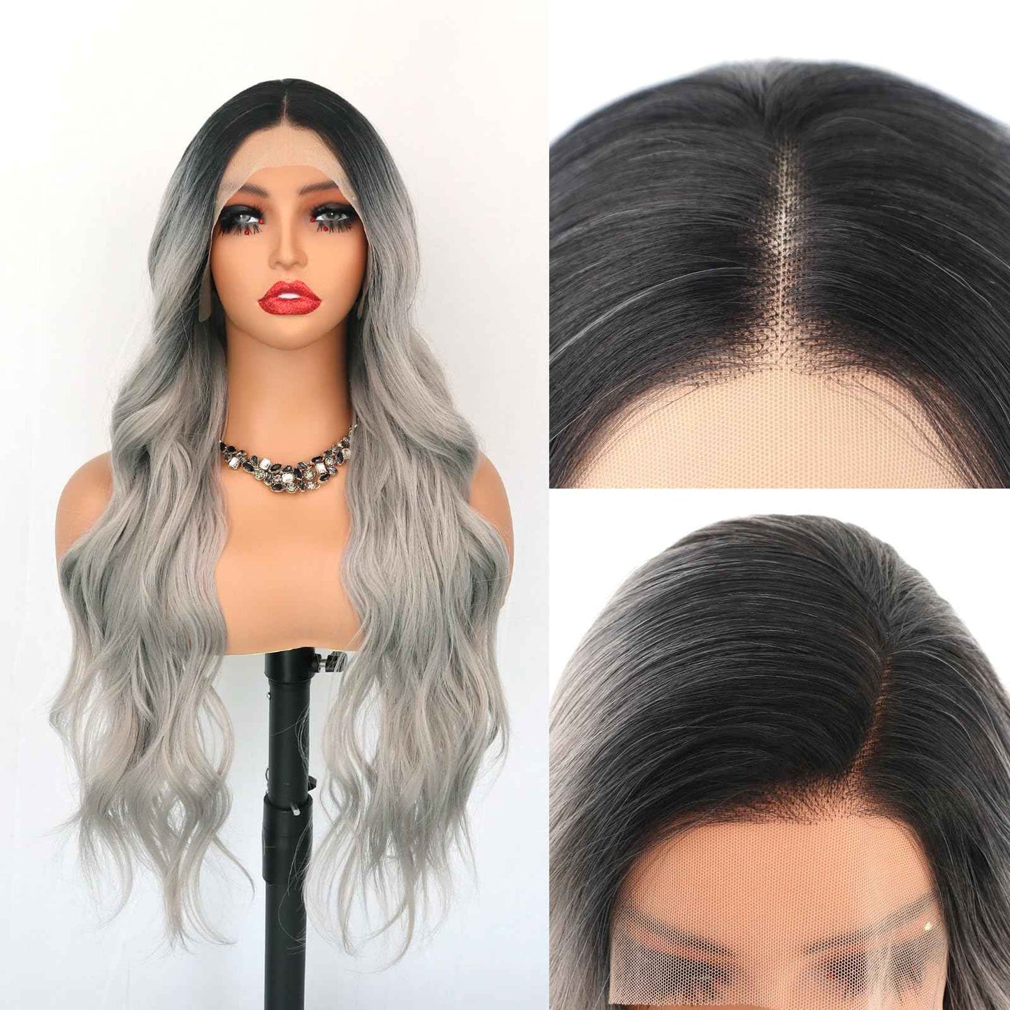 Oxeely Ombre Gray Synthetic Lace Front Wigs Long Wave Wigs Natural Looking Glueless Synthetic Lace Wigs Heat Resistant Fiber Hair Ombre Silver Gray Wigs for Women Daily Use