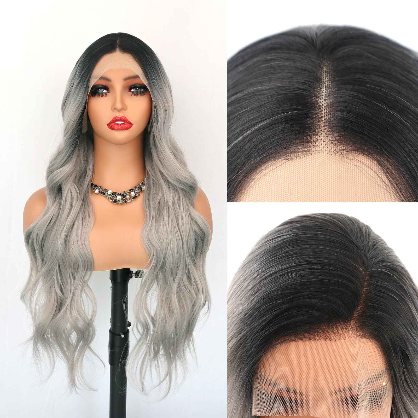 Oxeely Ombre Gray Synthetic Lace Front Wigs Long Wave Wigs Natural Looking Glueless Synthetic Lace Wigs Heat Resistant Fiber Hair Ombre Silver Gray Wigs for Women Daily Use