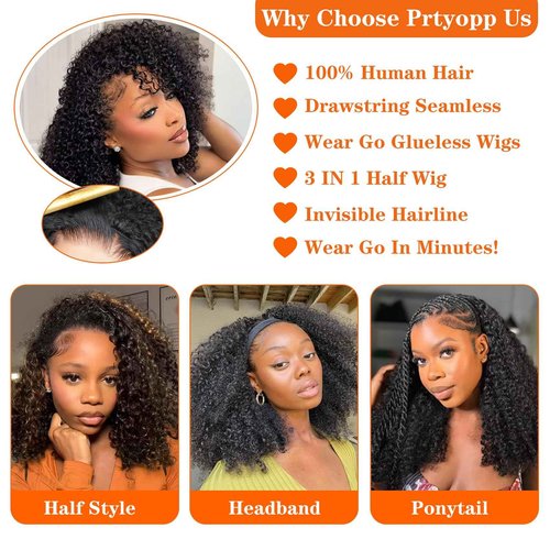 Prtyopp Kinky Curly Half Wig Human Hair Curly 3 In 1 Glueless Drawstring Seamless Flip 20 Inch Half Wigs Headband Wig for Women Beginner Friendly 200 Density