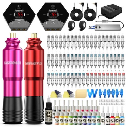 Wormhole Professional Rotary Tattoo Machine Kit - 60 Cartridge Needles, 26 Inks, Power Supply, Complete Pen Kit for Beginners and Artists