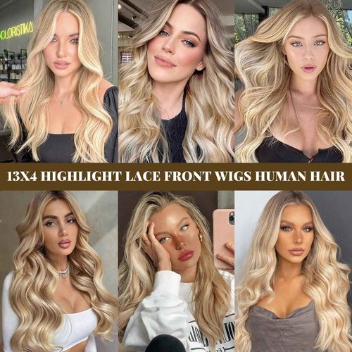 Belaved 20 Inch Highlight Blonde Lace Front Wigs Human Hair Ombre Medium Brown with Golden Blonde Real Human Hair Glueless 150% Density 13x4 Straight Lace Frontal