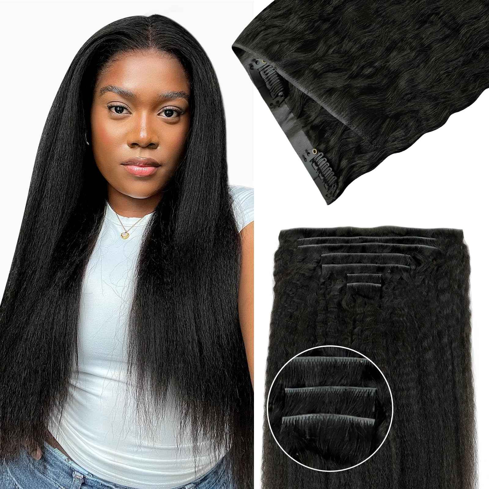 Lashey Invisi Edge Clip in Hair Extensions, 7pcs 110g 16 Inch Natural Black Seamless Clip in Hair Extensions Human Hair Kinky Straight Real Remy Human Hair