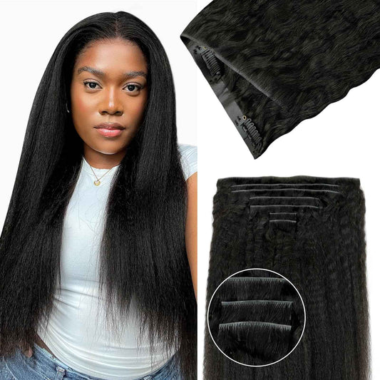 Lashey Invisi Edge Clip in Hair Extensions, 7pcs 110g 16 Inch Natural Black Seamless Clip in Hair Extensions Human Hair Kinky Straight Real Remy Human Hair