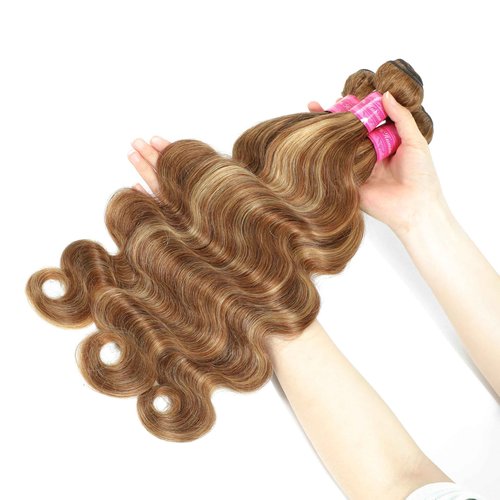 Seekomi Ombre Highlight Body Wave Bundles Human Hair 18 20 22 Inch 12A 100% Virgin 4/27 Colored Brown and Blonde 3 Bundles Human Hair Double Weft Quick Weave for Women, 300g