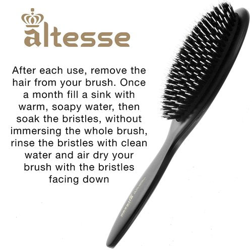 Altesse 8911 Natural Bristle Hair Brush Detangler Brush Large Air Cushion Matte Black Handle with 11 Rows of Black Boar Bristle and Nylon Hairbrush for Thick Hair Styling and Detangling Made in France