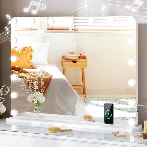 DWVO Hollywood Vanity Mirror with Lights, 32" x 24" LED Large Vanity Makeup Mirror with 17 Dimmable Bulbs, Bluetooth Speaker, Wireless Charger, USB Type-C Charging Port, Tabletop or Wall-Mounted