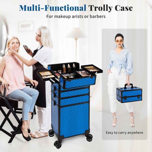 AROUS Rolling Makeup Train Case 4 in 1 Cosmetology Case on Wheels Large Storage Cosmetic Trolley with Key Salon Barber Case Traveling Cart Trunk, Blue