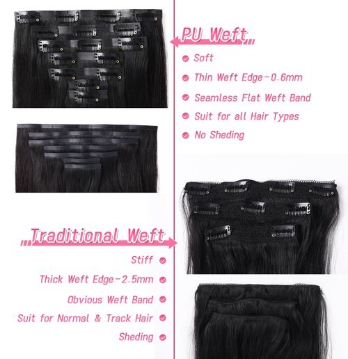 Essent Seamless Sleek Straight Clip in Hair Extensions Seamless Real Human Hair, 16 Inch 1Pack 130g 7Pcs Human Hair Extensions for Women Natural Black