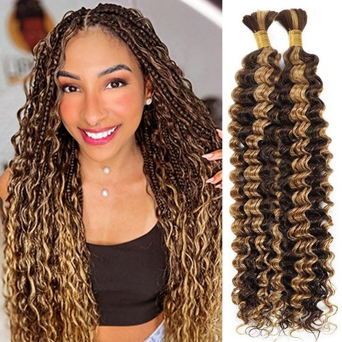 Habiliana Human Braiding Hair 2 Bundles Total 100g 22 Inch Deep Wave P4/27 Bulk Human Hair Bundles Braiding Brazilian Virgin Curly Human Hair Extensions for Boho Braids