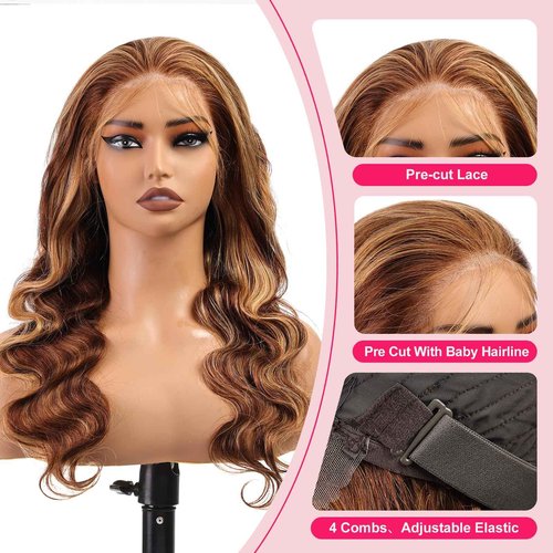 KKU Highlight Ombre 13x4 Lace Front Wigs Human Hair Pre Plucked 22 Inch HD Transparent 4/27 Honey Blonde lace frontal Wigs with Baby Hair 180% Density Body Wave Wig with Baby Hair