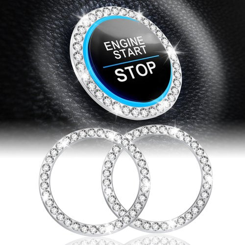 LivTee 2 PCS Crystal Rhinestone Car Engine Start Stop Decoration Ring, Bling Car Interior Accessories for Women, Push to Start Button Cover Sticker, Automotive Decals, White