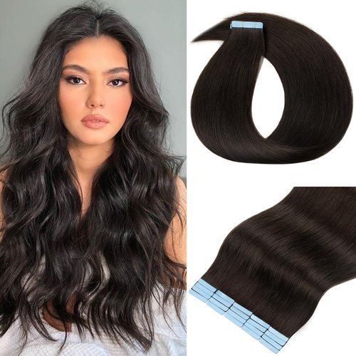 TOZOIE Tape in Hair Extensions Human Hair - 20 Inch Straight Invisible Natural Black Real Human Hair Extensions for Women (1B)