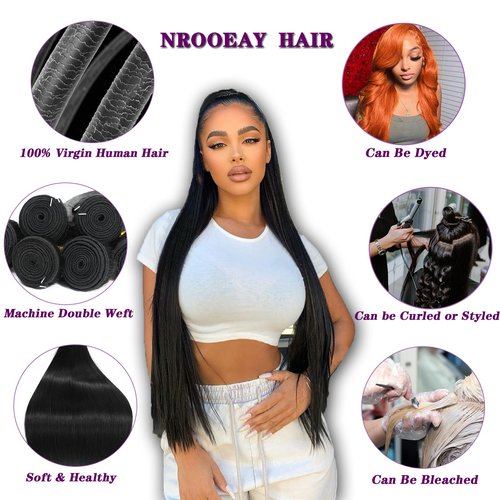 NROOEAY Straight Bundles Human Hair 28 inch 100% Unprocessed Brazilian Straight Hair Bundles 12A Remy Virgin Retain the Intact Cuticle, Long Lifespan