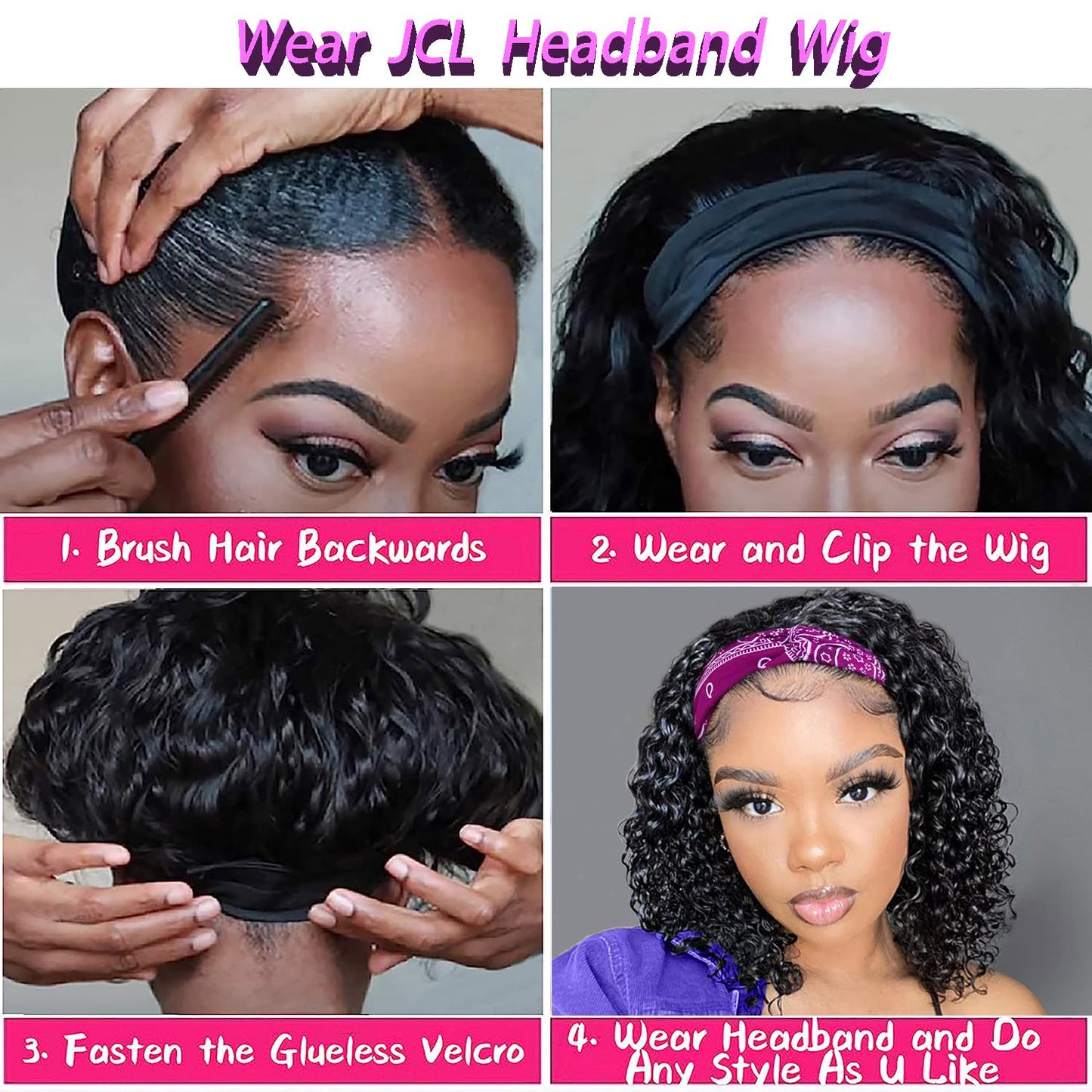 JCL Headband Wig Human Hair 14 Inch Headband Wigs Human Hair Wig Glueless Wigs Human Hair Curly Human Hair Wigs for Black Women Human Hair Natural Color Deep Wave Lace Front Wigs