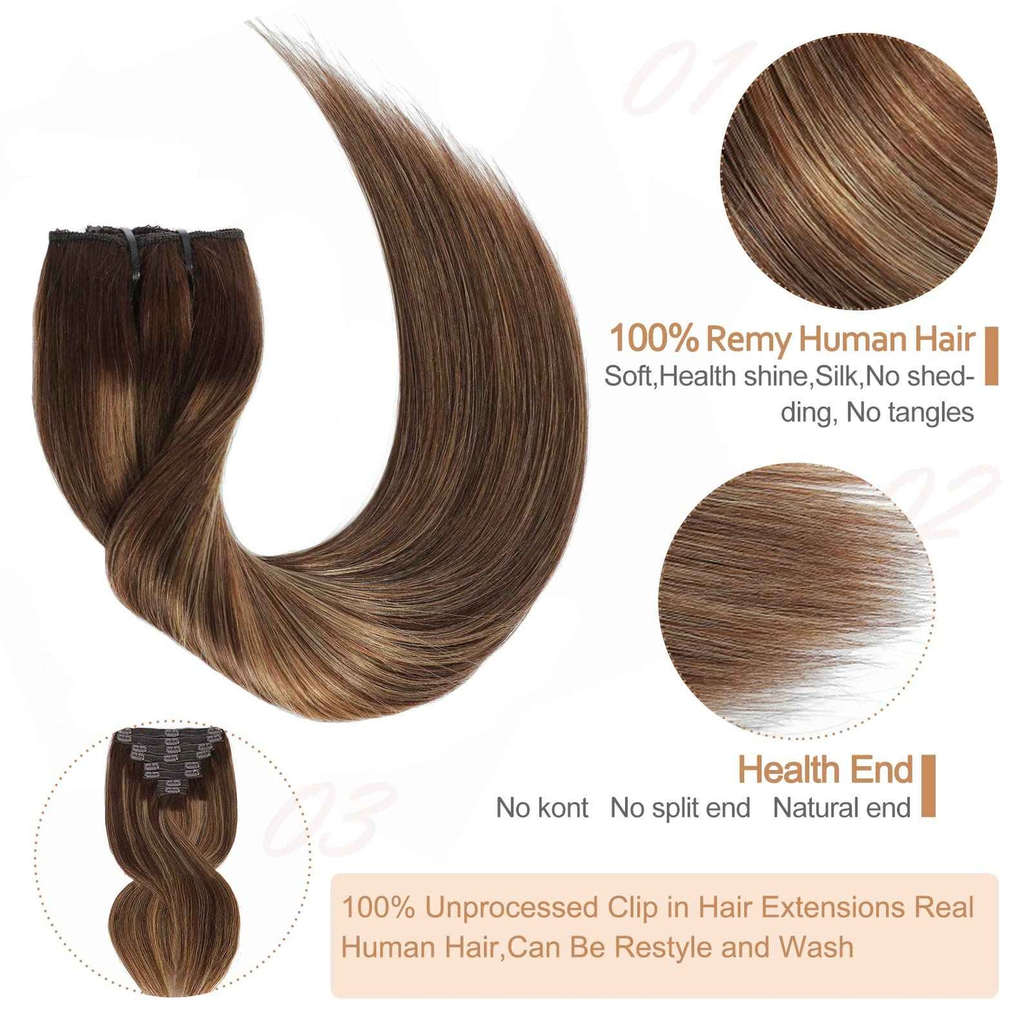 Goulus Clip-in Hair Extensions - Real Human Hair, 120g, 8pcs, Silky Straight, Chocolate Brown & Caramel Blonde, Double Weft, Thick Clip Ins (4/27/4,24)