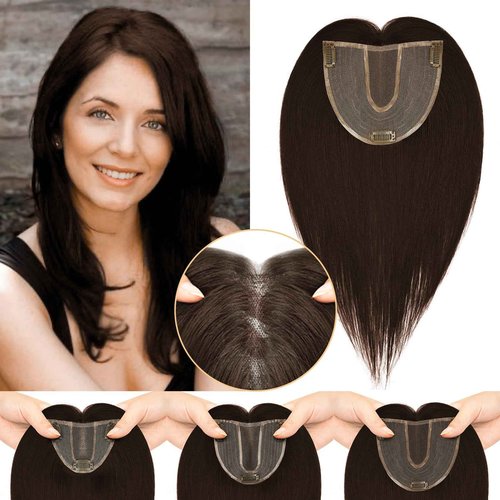 POWERASIA Large Coverage 5.1x5.9inch Hair Toppers for Women Real Human Hair No Bangs Swiss Base Wig Topper Womens Hair Topper for Thinning Hair 150% Density Remy Hair Wiglets #2