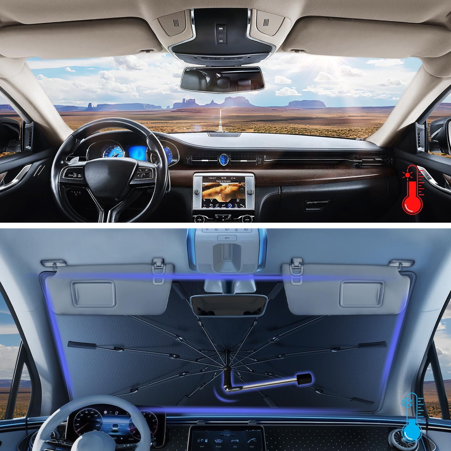 2025 Windshield Sun Shade Umbrella, Foldable Car Sunshade for Mid-Size Sedan, 360 Rotating Automotive Interior Sun Protection for 99% Heat UV Blocking, Auto Heat Shield Accessories(Medium)
