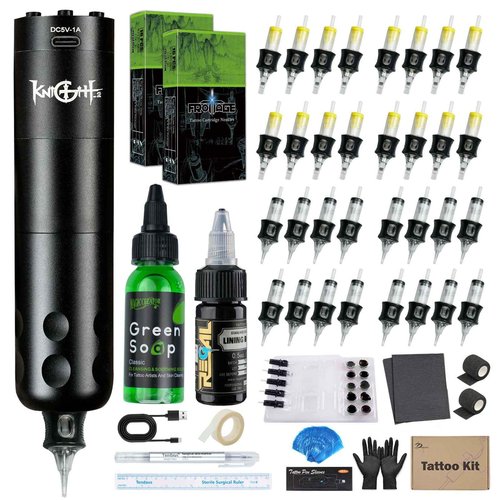 Knight2Pro Tattoo Gun Kit, Professional Tattoo Gun, 8H-Work No Overheating Tattoo Pen, USA Black Ink for Lining Shading, 32* Top-Notch 316 Cartridge Needles, Direct Skin Tattooing Professionals