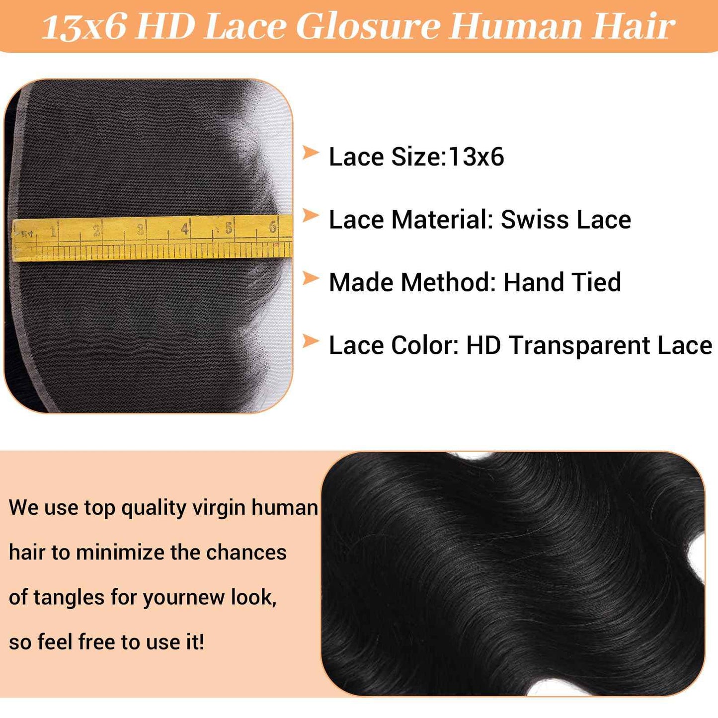 13x6 Frontal Human Hair Body Wave HD Transparent Ear to Ear Lace Frontal Closure With Baby Hair Free Part 100% Virgin Human Hair Natural Black 14 Inch