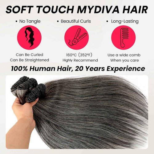 Salt and Pepper Human Hair Bundles Straight 10 12 14 inch Natural Grey Bundles Human Hair Gray-White Quick Weave Hair Extensions Double Weft