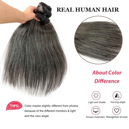 Salt and Pepper Human Hair Bundles Straight 10 12 14 inch Natural Grey Bundles Human Hair Gray-White Quick Weave Hair Extensions Double Weft