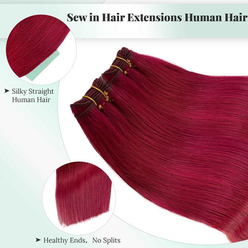 Burgundy Sew in Hair Extensions Real Human Hair Wefts, 22 Inch 120G Full Head Double Weft Burgundy Hair Weft Extensions Hand Tied Natural Straight Human Hair Sew in Extensions for Women