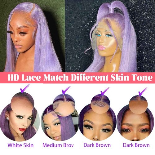 Dark Purple Lace Front Wigs Human Hair for Women,13x4 HD Transparent Deep Lilac Lace Frontal Straight Human Hair Glueless Wigs Pre Plucked with Baby Hair 150% Density 20 Inch