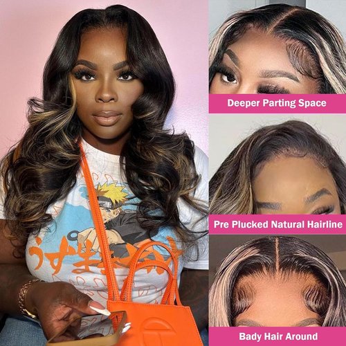 B-fashion Highlight Lace Front Wig Human Hair Pre Plucked 24 Inch Ombre 4x4 HD Lace Closure Wigs Human Hair Colored Body Wave Wear and Go Glueless Wigs Human Hair Pre Plucked Pre Cut 1B/27