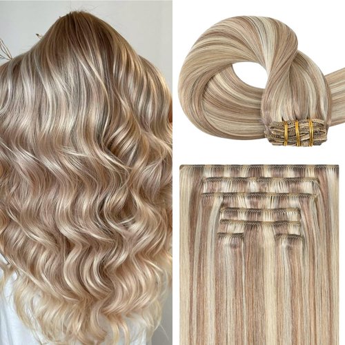 Blonde Highlights Human Hair Extensions Clip Ins 18 Inches Light Brown Mixed Bleach Blonde Straight Human Hair Clip in Extensions for Women 85g #8/22/8 7pcs
