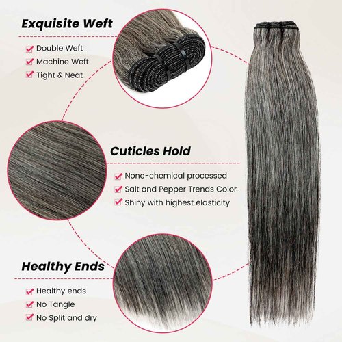 Salt and Pepper Human Hair Bundles Straight 10 12 14 inch Natural Grey Bundles Human Hair Gray-White Quick Weave Hair Extensions Double Weft