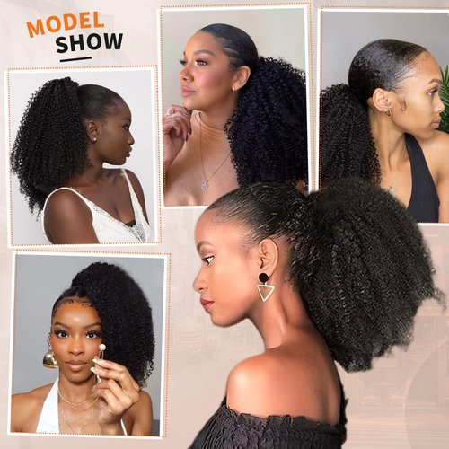 Afro Kinky Curly Ponytail Human Hair 150% Density Brazilian Virgin Hair 4C Afro Puff Drawstring Ponytail Extension for Black Women Dark Brown Color （22 Inch 4#）