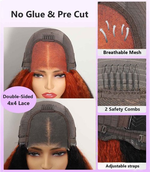 Sogram Wear and Go Glueless Yaki Straight Human Hair Wig Double Wear Wig No Glue Transparent HD Lace Wig 4x4 Kinky Straight Lace Closure Wigs Human Hair 180% Density 22 Inch (Orange and Black)