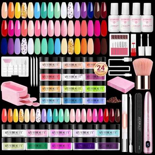 AZUREBEAUTY Dip Powder Nail Kit with Electric Nail Drill 24 Colors Summer Bright Neon Yellow Orange Starter Kit with Dip Liquids Base Top Coat Activator Portable Manicure French Nail Art Essential Set