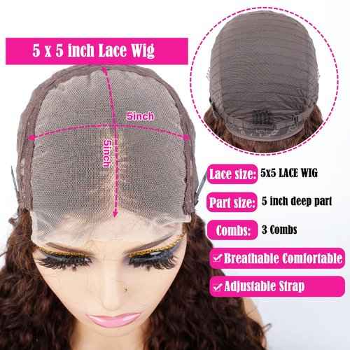 FQ Chocolate Brown #2 Lace Front Wig Water Wave 5x5 HD Lace Closure Wigs for Black Women Human Hair 180% Density Colored Lace Front Wigs Human Hair 22 inch(Chocolate Reddish Brown 5x5 Wigs)