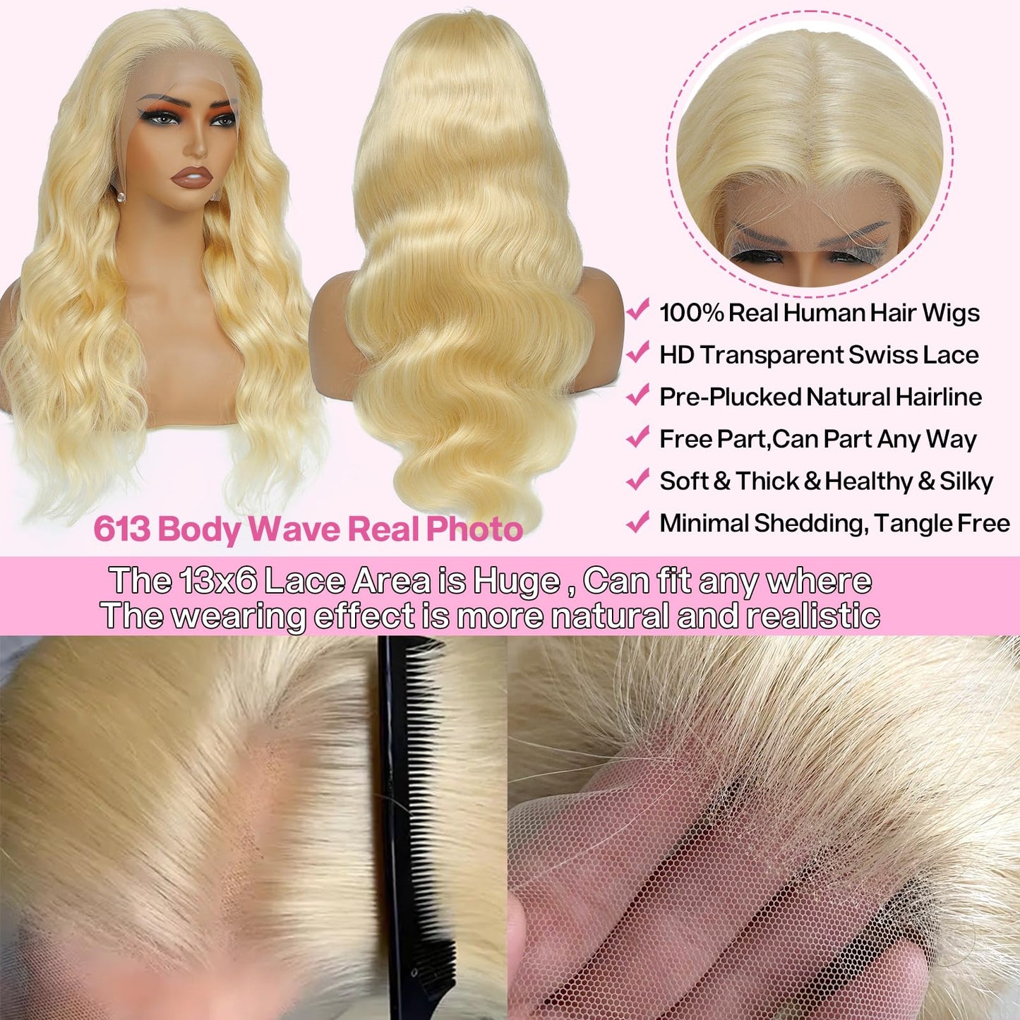 Pangm 613 13x6 Lace Front Wig Human Hair 200 Density HD Body Wave Blonde Lace Front Wigs Human Hair Pre Plucked Lace Frontal Wig 13x6 Blonde Wig Human Hair 28 Inch