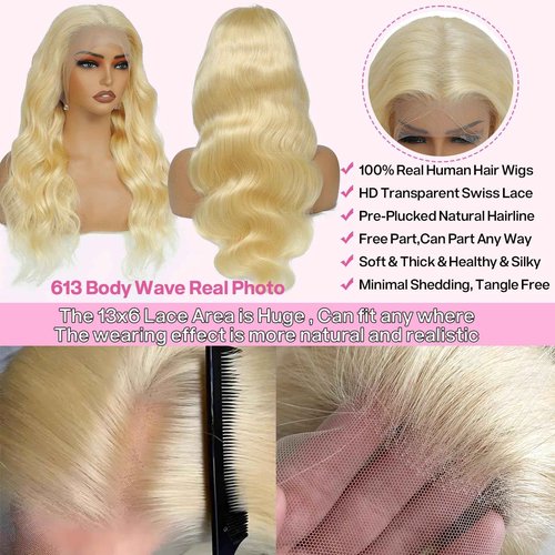 Pangm 613 13x6 Lace Front Wig Human Hair 200 Density HD Body Wave Blonde Lace Front Wigs Human Hair Pre Plucked Lace Frontal Wig 13x6 Blonde Wig Human Hair 26 Inch