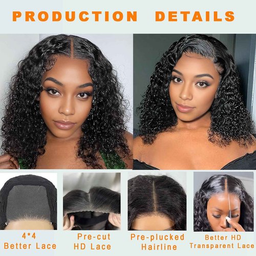 JCL Glueless Wigs Human Hair Pre Plucked Pre Cut 10 Inch Curly Human Hair Wig 4x4 HD Lace Closure Wigs Glueless Wear and Go Bob Wig Human Hair for Black Women Deep Wave Lace Front Wigs