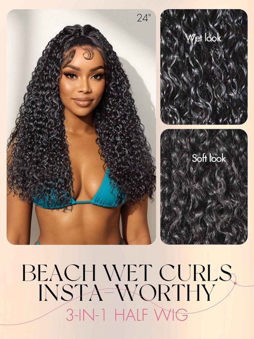 LUVME HAIR Half Wig Human Hair Water Wave Flexi-Fit Invisi Flip Drawstring Wig 200% Density Glueless Wigs 100% Human Hair Natural Black Ready to Go Headband Wig for Women