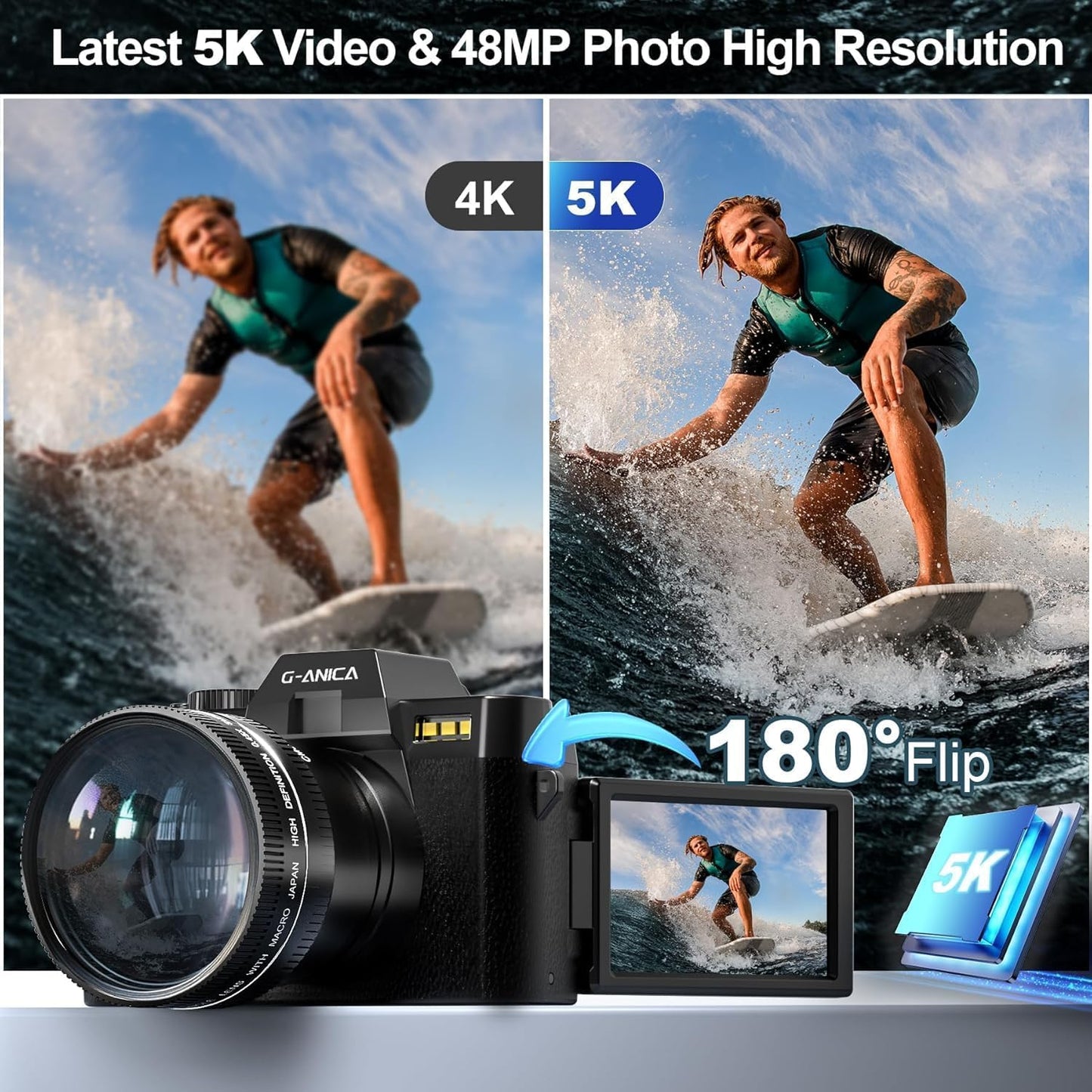 5K Digital Cameras for Photography，48MP/60FPS Video Camera for Vlogging, WiFi & App Control Vlogging for YouTube, Small Camera with 32GB TF Card.Wide-Angle & Macro Lens