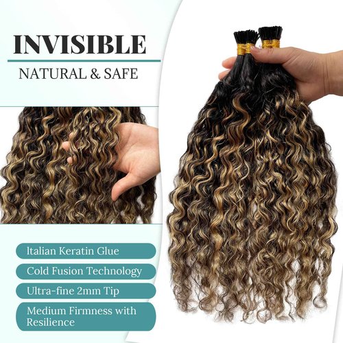 Curly I Tip Hair Extensions, Highlights I Tip Human Hair Extensions Natural Black Highlight Honey Blonde Human Hair Water Wave I Tip Extension Remy Human Hair Add Volume and length 28Inch 50g 1g/s