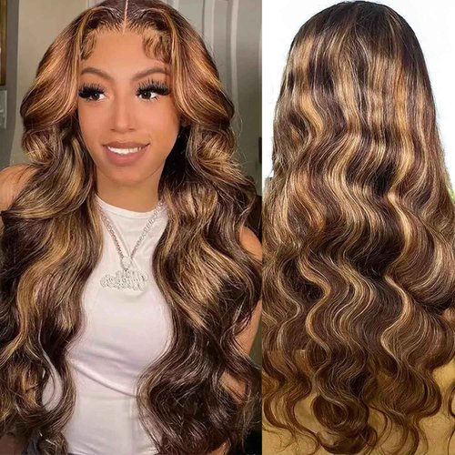 Valiilo Ombre Lace Front Wigs Human Hair 13x4 Highlight 4/27 Body Wave Wig Pre Plucked Honey Brown Blonde Wig Human Hair with Free Part 180% Density Glueless Colored Wig for Women 22 Inch