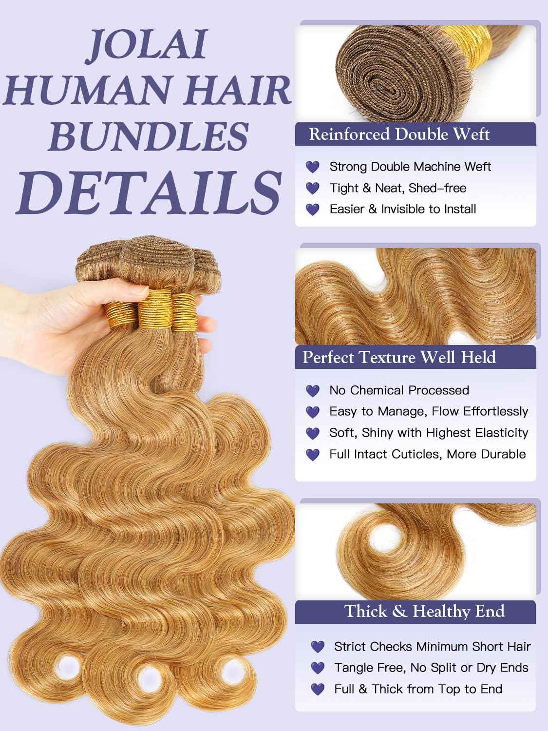 Honey Blonde Bundles with Closure Human Hair Body Wave 10 12 14+10 Inch, Color 27 Golden Ash Blonde 3 Bundles with 4x4 HD Closure 12A 100% Raw Brazilian Virgin Hair Sew In Weave with 4x4 Closure #27