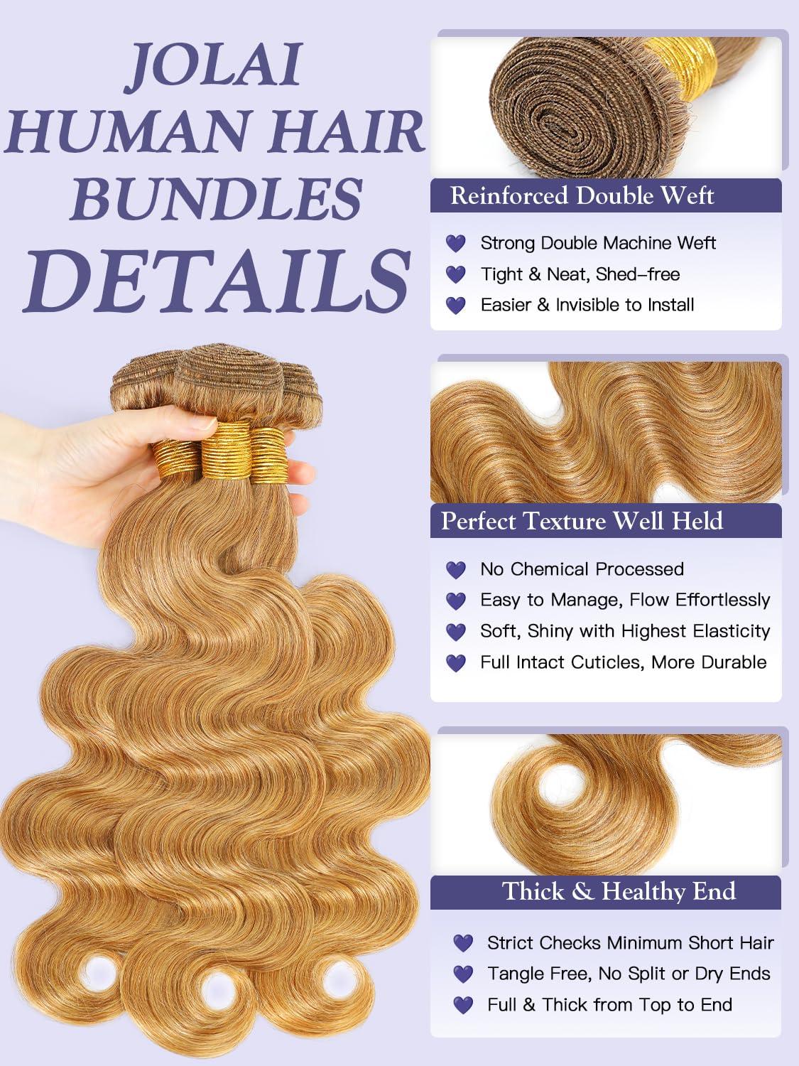 Honey Blonde Bundles Human Hair 10 12 14 Inch, Color 27 Golden Ash Blonde Body Wave Bundles Sew In Weave Tracks, Loose Wavy 100% Unprocessed Brazilian Raw Virgin Hair, Double Weft 3 Bundles Color #27